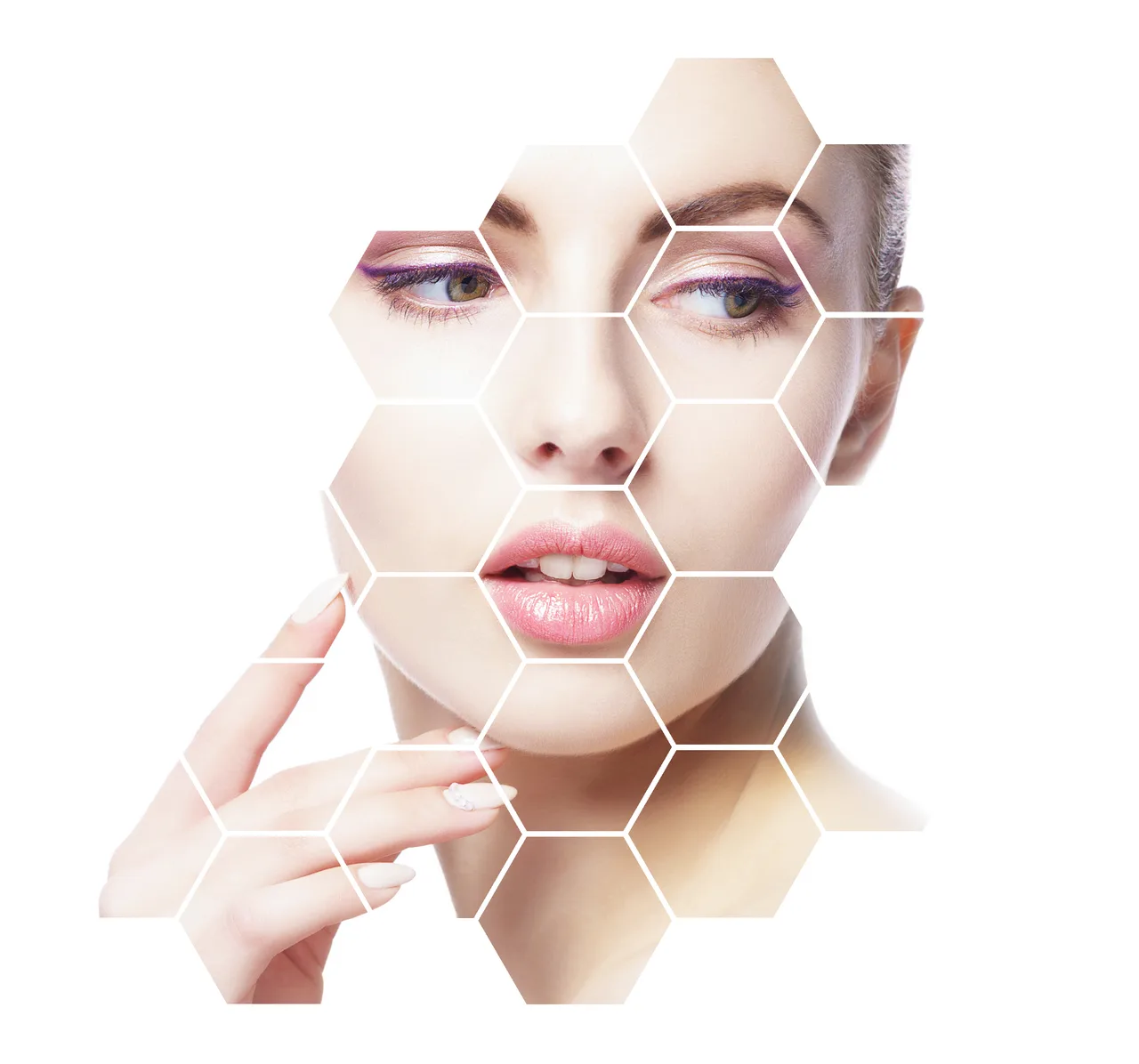 Visage féminin dans une composition d’hexagones